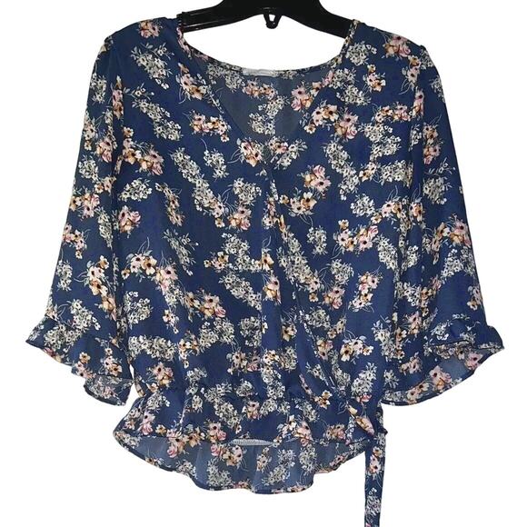 Sienna Sky Women’s Small Blue Floral Cross Tie 3/4 Sleeve Ruffle Waist Top - Picture 1 of 5